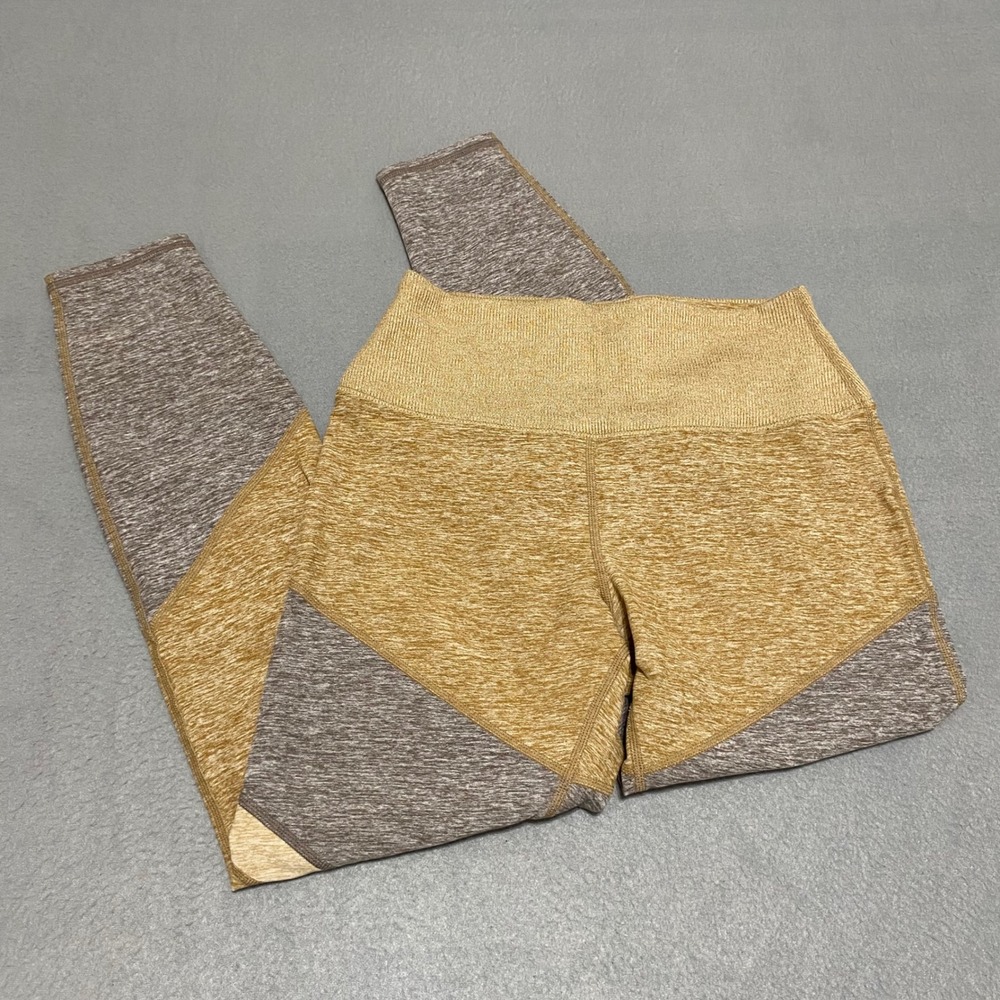 Alo Yoga Womens M Colorblock High Waist Leggings Yellow Brown Heathered Active
